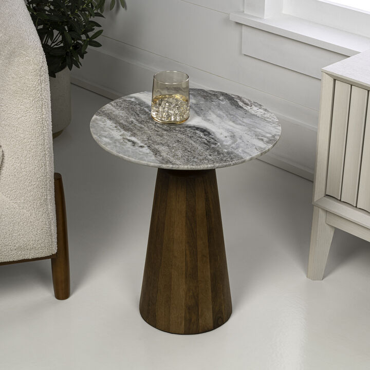 Kaito 18" Rustic Minimalist Round Marble/Wood Accent Table
