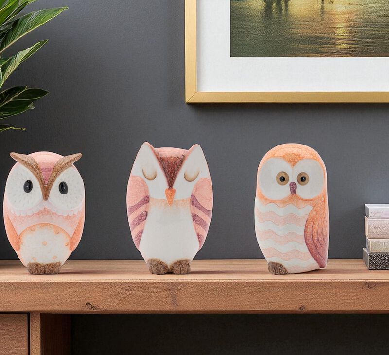 HomeRoots Set of Three Pink And Beige Terracotta Owl Figurines image number 1