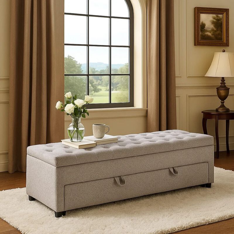 Kenny Ottoman, Underseat Drawer, Beige Button Tufted Boucle, 60 Inch image number 1