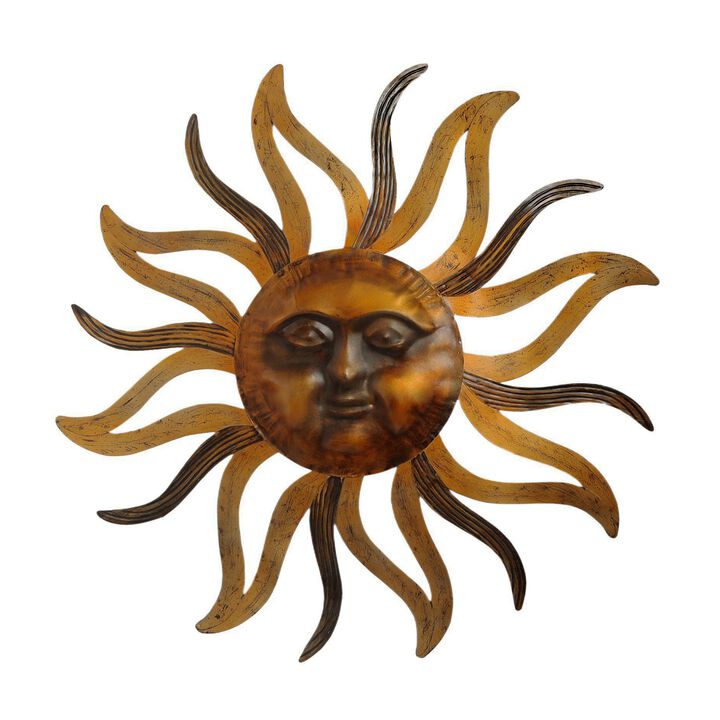 35 Inch Round Wall Mounted Sun Face Accent Decor, Carved Rustic Gold and Black Metal