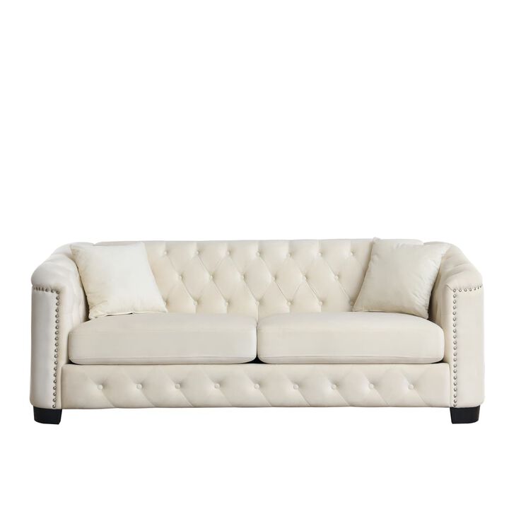 77 Inch Velvet Chesterfield Sofa, Button Tufted 3 Seater Sofa with Rolled Arms and Nailhead Trim, Upholstered Sofa with 2 Pillows
