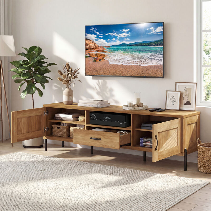 Mid Century Modern Rattan TV Stand with 2 Storage Cabinets for 80 Inch TVs image number 5