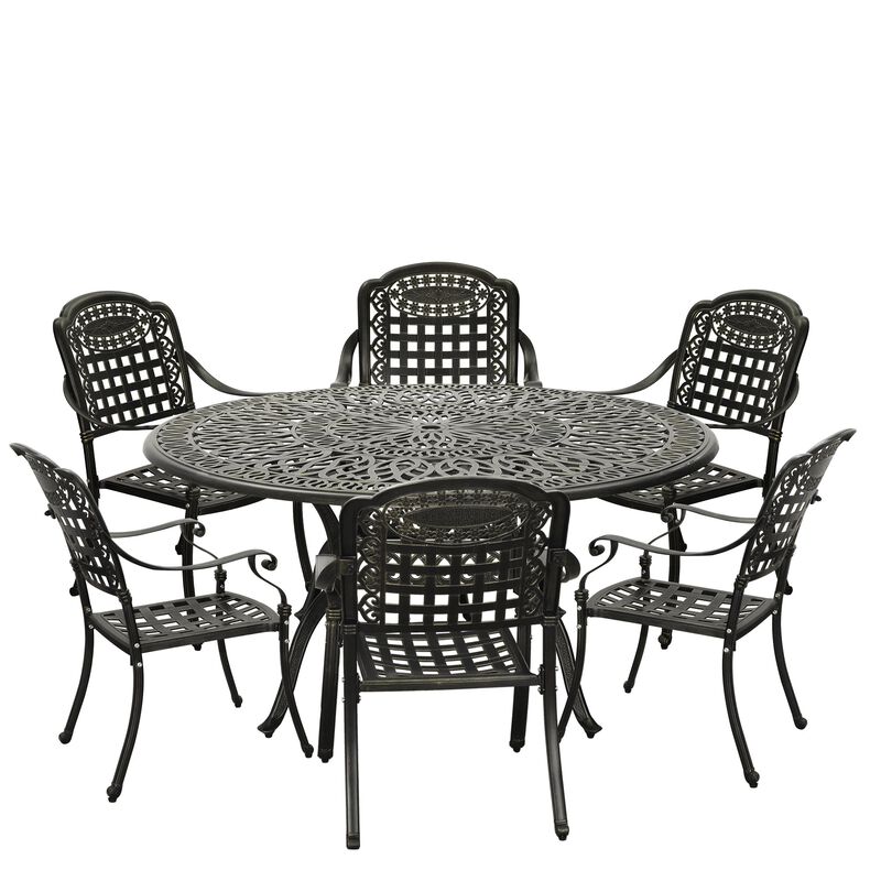 MONDAWE 7-Piece Cast Aluminium Patio Dining Set Aluminum Round Table with 6 Stationary Chairs
