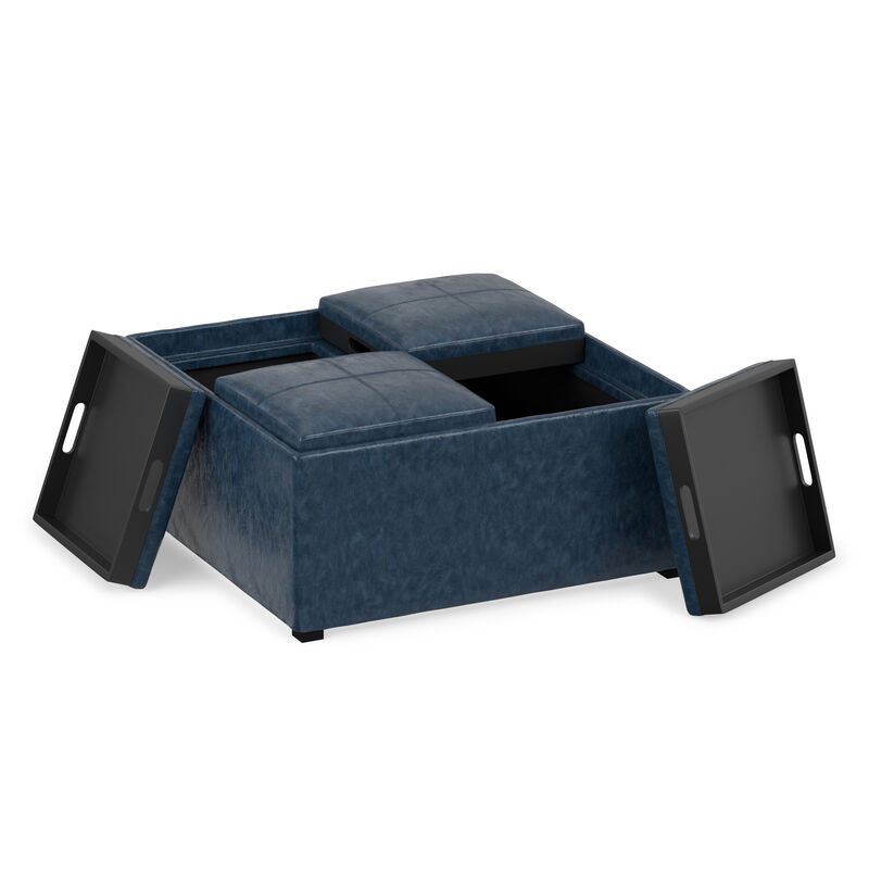 Avalon 35 inch Wide Contemporary Square Coffee Table Storage Ottoman in Denim Blue Vegan Faux Leather, Assembled image number 3