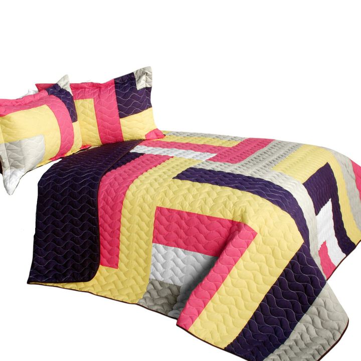 Queen Size 3PC Vermicelli Quilted Patchwork Quilt Set for Bedroom Decor