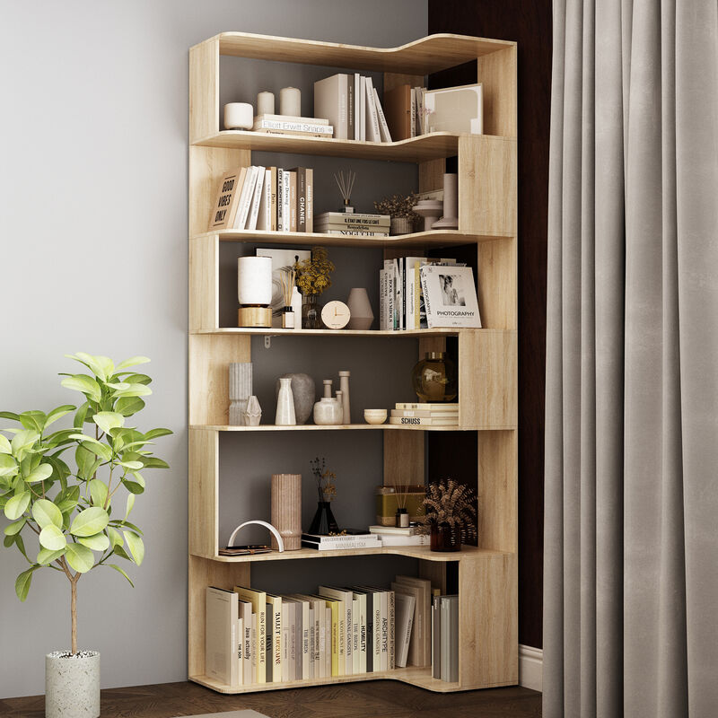 35.4 in. Wide Bright Wood Grain 7-Shelves Accent Bookcase, Open Back Bookshelf, Corner Bookcase (82 in. H x 23.6 in. D)