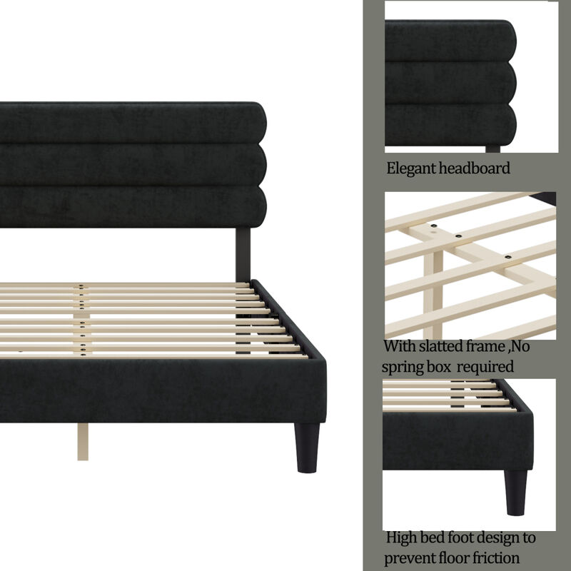 Queen Bed Frame with Headboard, Sturdy Platform Bed with Wooden Slats Support, No Box Spring, Mattress Foundation, Easy Assembly DARK GREY