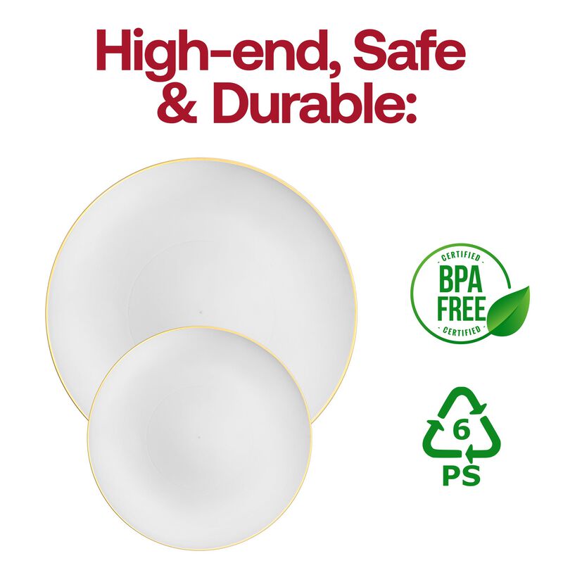 7.5" White with Gold Rim Organic Round Plastic Salad Plates (120 Plates) image number 4