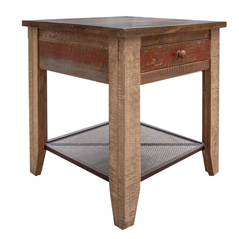Fena 23 Inch Wide End Table, Single Drawer, Multicolor Distressed Pine Wood image number 0