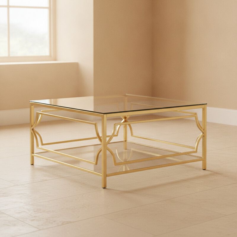 GOODSILO 33.5 Inch Square Tempered Glass Coffee Table with Geometric Metal Frame, Lower Storage Shelf for Modern Living Space Use image number 2
