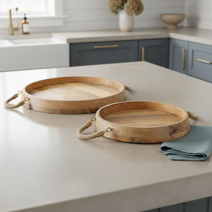 HomeRoots Set of Two Brown Round Solid Wood Serving Trays With Handles