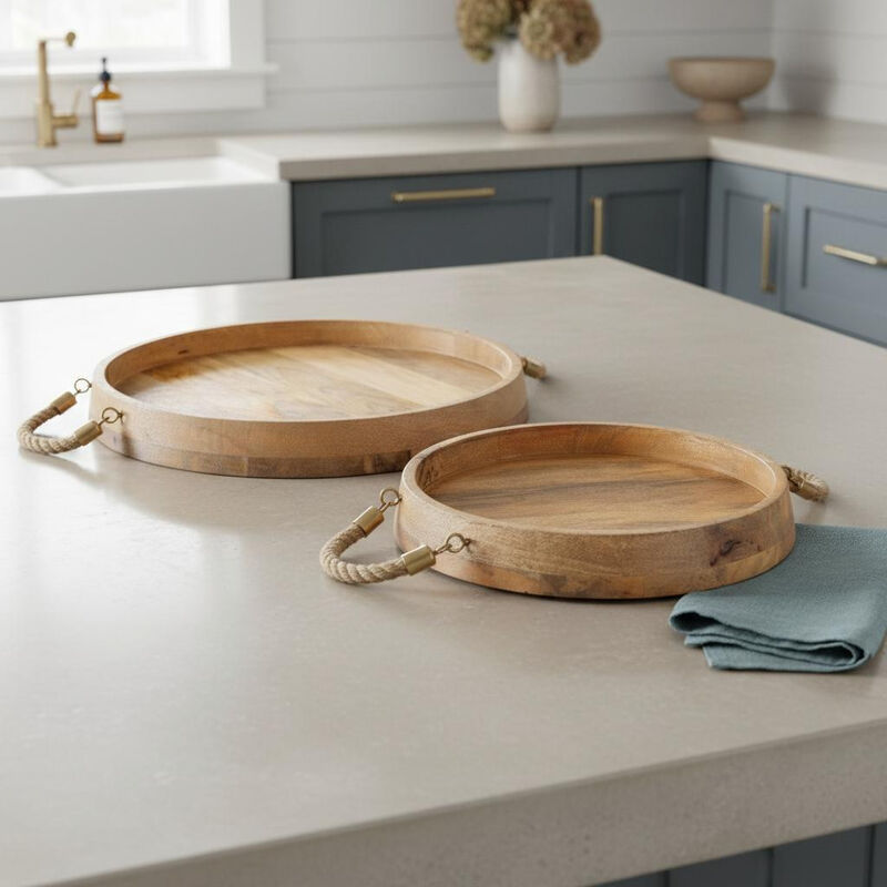 HomeRoots Set of Two Brown Round Solid Wood Serving Trays With Handles image number 1