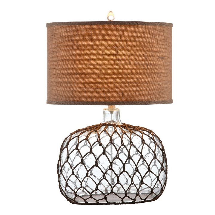 24 Inch Table Lamp with Netted Twine Base, Set of 2, Glass, Brown and Clear-Benzara