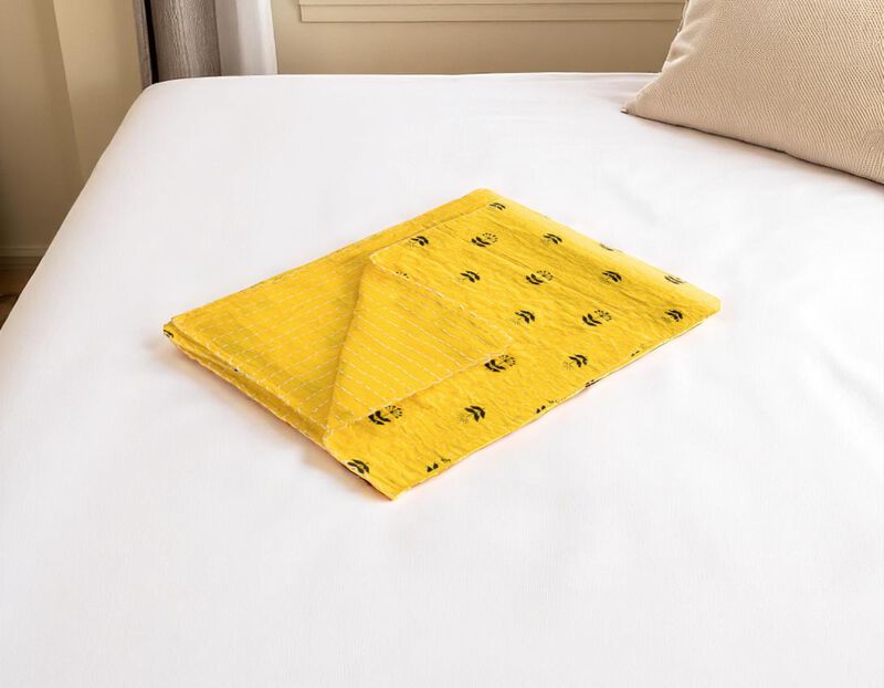 HomeRoots 50" X 70" Yellow And Black Floral Cotton Quilted Kantha Throw Blanket with Embroidery image number 1