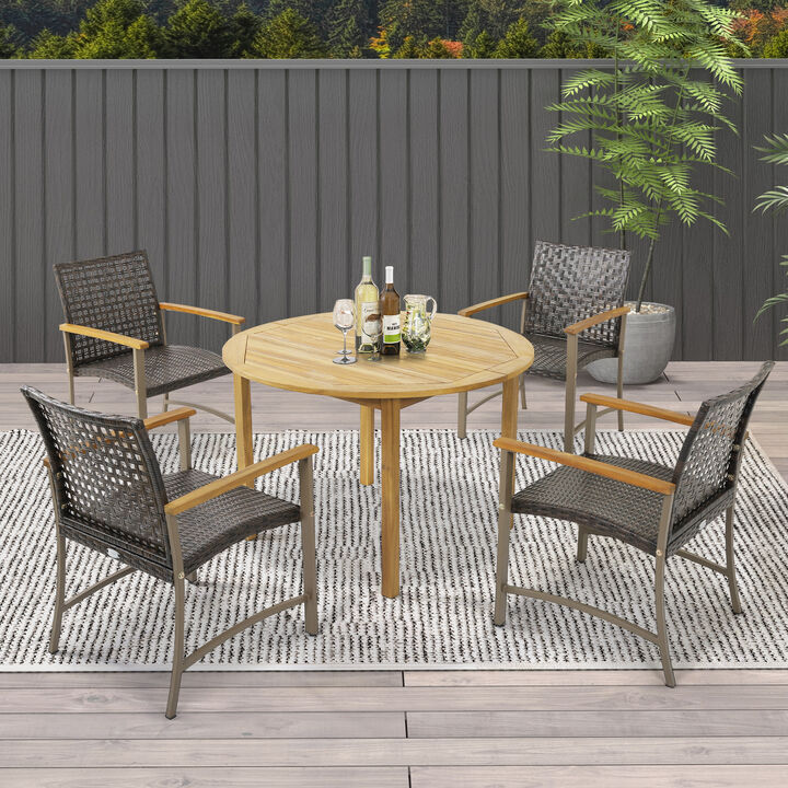 Set of 4 Patio Rattan Dining Chairs with Acacia Wood Armrests-Set of 4