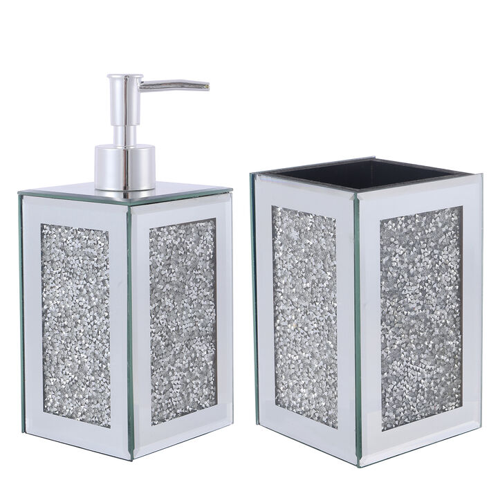 Ambrose Exquisite 2 Piece Square Soap Dispenser and Toothbrush Holder in Silver