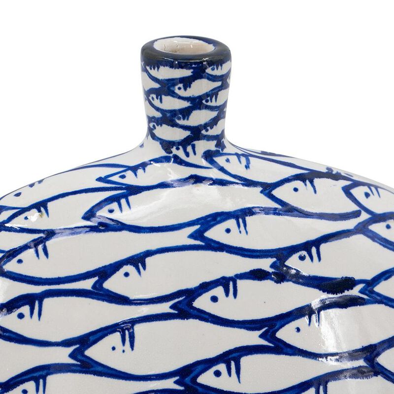 HomeRoots 16" Blue And White Fish Print Oval Ceramic Table Vase image number 3