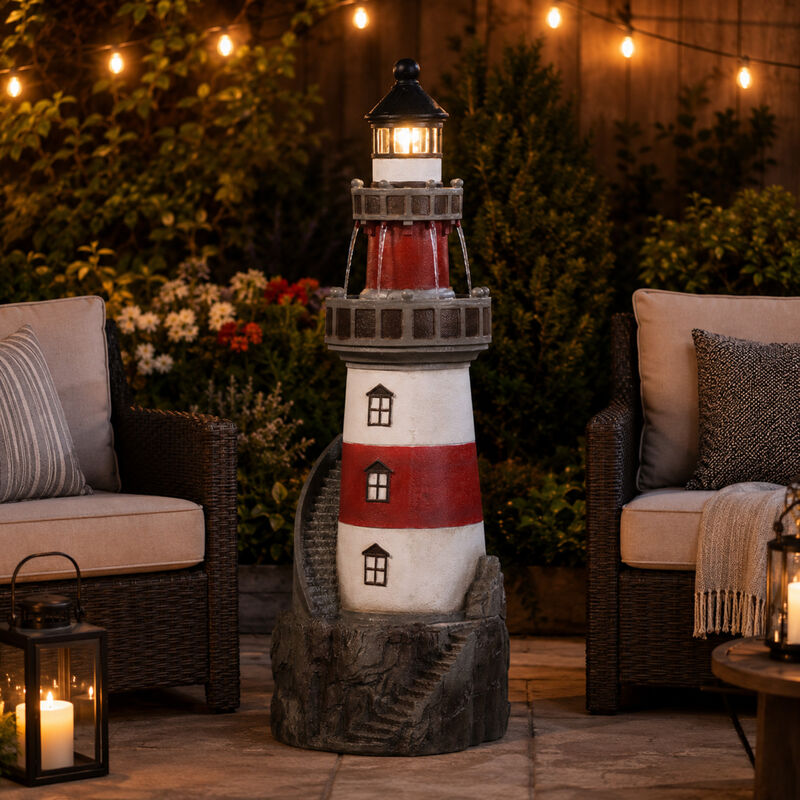 Teamson Home Outdoor Solar Light House Fountain with Rotating LED Light, Red/White image number 6
