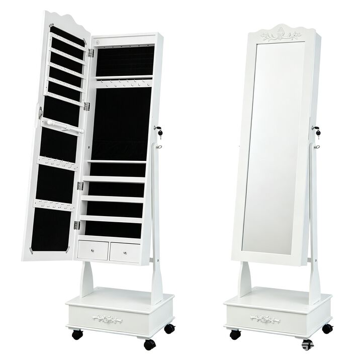 Rolling Lockable Jewelry Cabinet with Full-Length Mirror, LED Lights, Adjustable Angle and Bottom Drawer