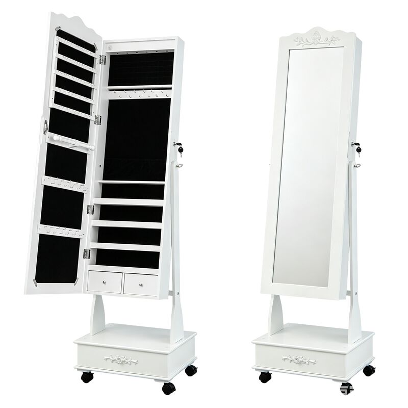 Rolling Lockable Jewelry Cabinet with Full-Length Mirror, LED Lights, Adjustable Angle and Bottom Drawer image number 0