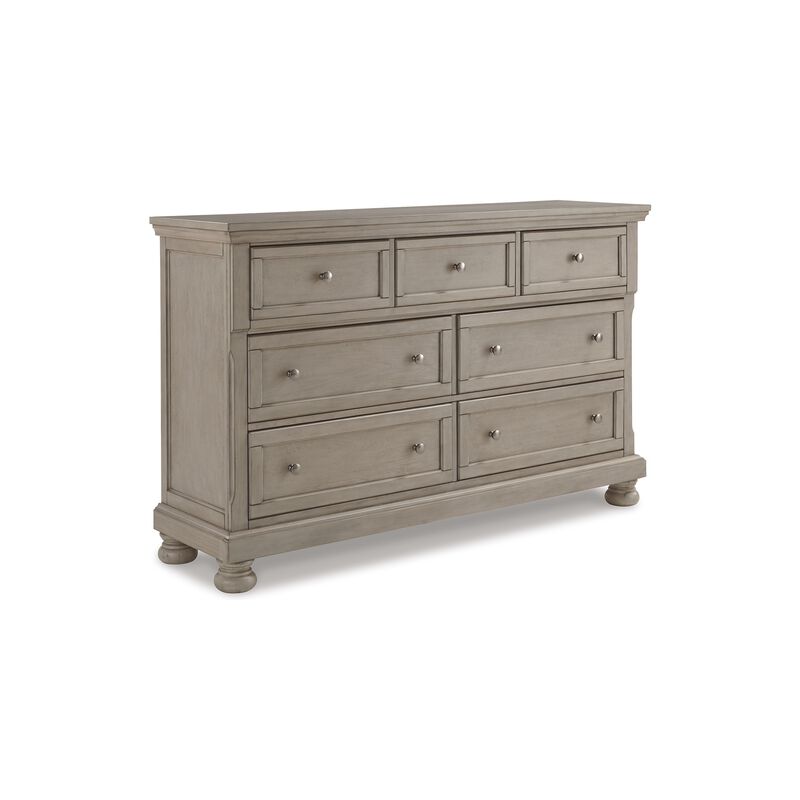 Ryno Wide Dresser, 7 Drawers, Pull Out Tray, Silver Round Knobs, Gray - Benzara