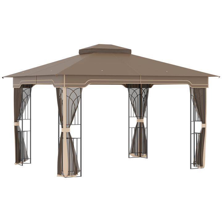 12' x 10' Patio Gazebo Outdoor Canopy Shelter with Double Tier Roof and Netting Sidewalls for Garden, Lawn, Backyard and Deck, Brown