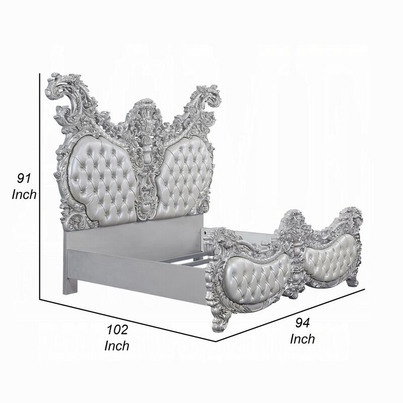 Vera King Size Bed, Ornate Carving, Platinum Faux Leather Upholstery - Benzara