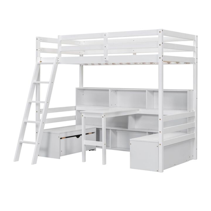 Whisen Twin Loft Bed With Storage Shelves, Drawers, Seat And Desk