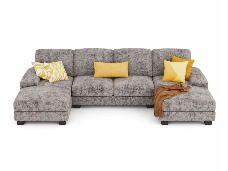 U Shaped Sectional Sofa Couch Grey Linen Fabric 4 Seat Double Chaise Living Room image number 0