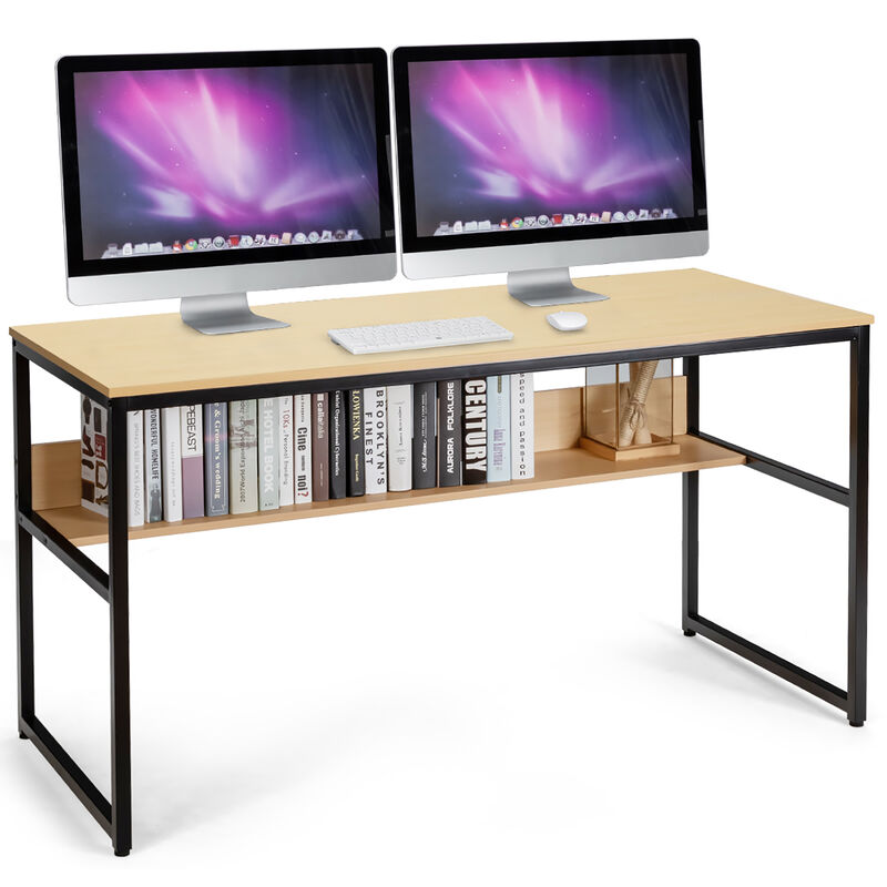 Costway 55'' Computer Desk Writing Table Workstation Home Office w/Bookshelf Natural image number 1