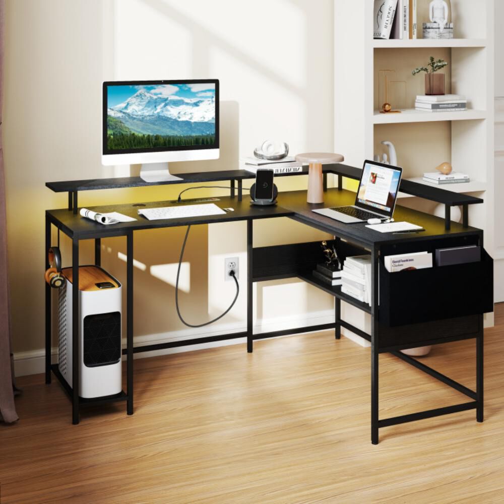 Hivvago L-Shaped Gaming Desk with LED Lights and Power Outlets