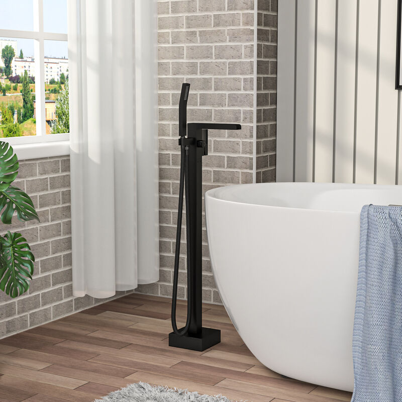 Freestanding Bathtub Faucet Waterfall Tub Filler Matte Black Floor Mount Brass Bathroom Faucets with Hand Shower