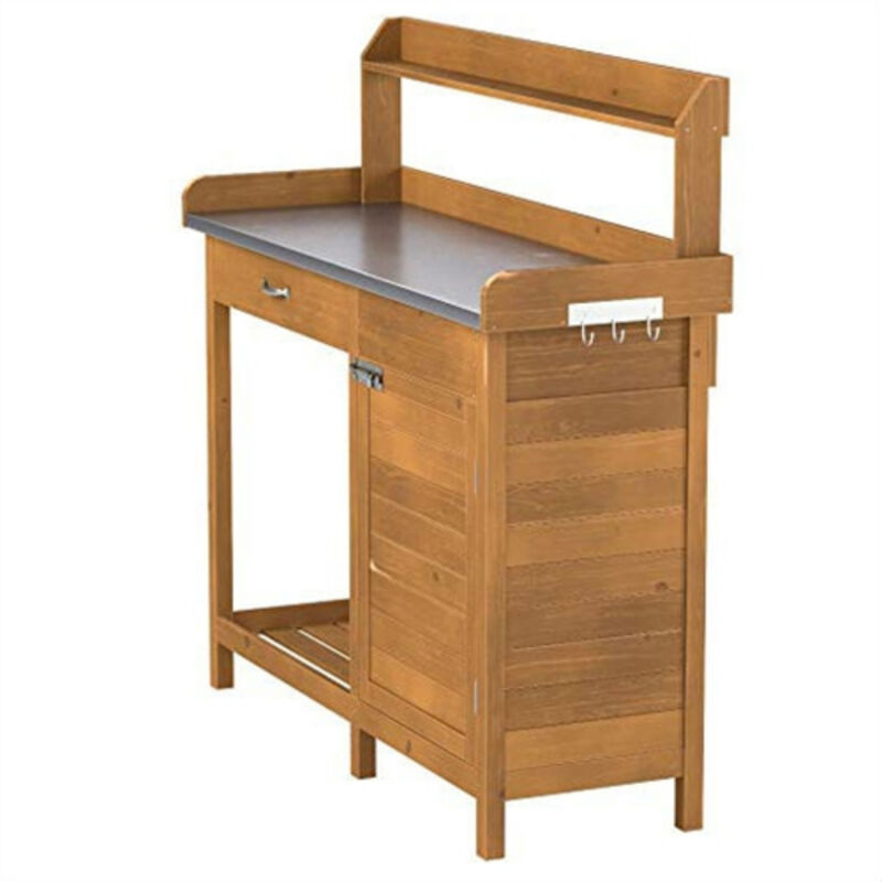 Metal Top Outdoor Potting Bench with Built-In Storage Cabinet