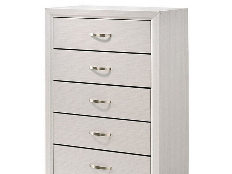 Transitional 5 Drawer Chest with Curved Handle and Chamfered Feet, White - Benzara