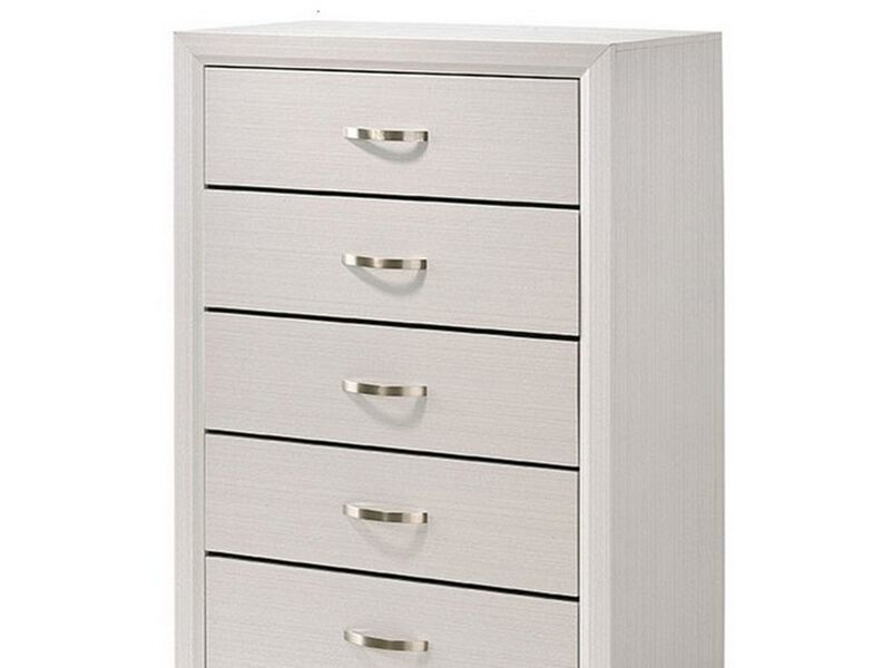 Transitional 5 Drawer Chest with Curved Handle and Chamfered Feet, White - Benzara