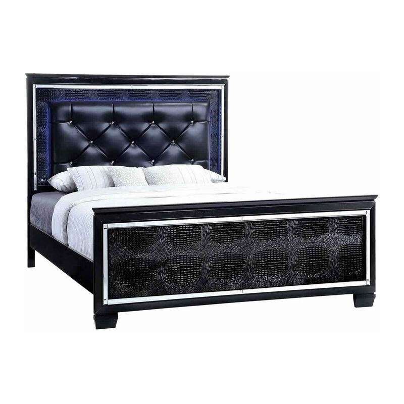 Kae 4 Piece King Bedroom Set, LED and Mirror Trim, Textured, Black - Benzara