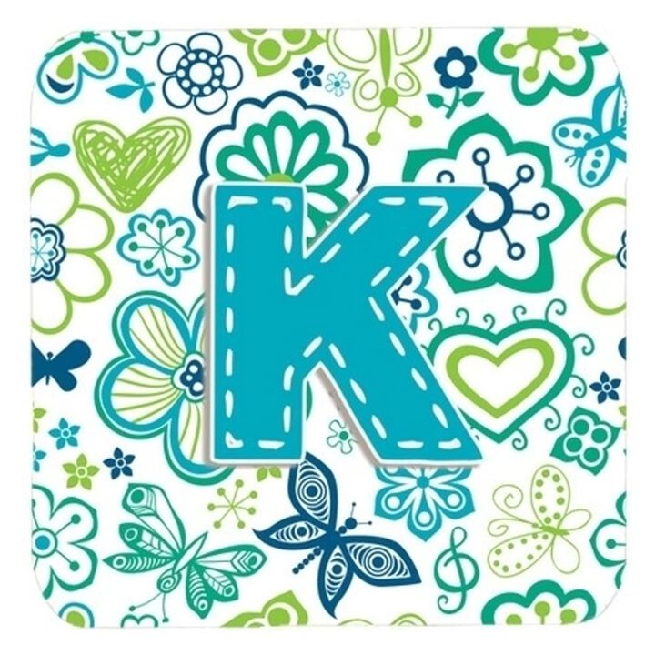 Caroline's Treasures CJ2006-KFC Letter K Flowers and Butterflies Teal Blue Foam Coasters (Set of 4), 3.5, Multicolor