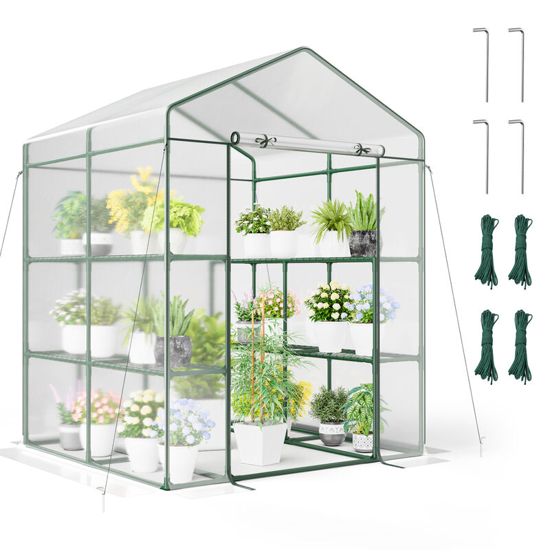 Walk-in Greenhouse with 3 Tiers 8 Shelves PVC Cover Roll-up Zippered Door