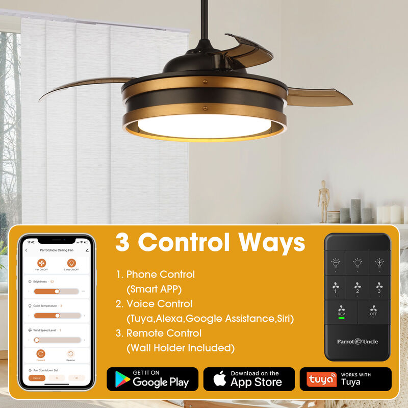 52" Vintage Brass Bladeless Smart Ceiling Fan with Light and Remote, App Control, Voice Control