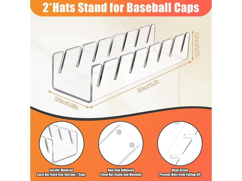 Hat Stand For Baseball Caps, 2 Pack No Install Acrylic Hat Organizer For 14 Base image number 2