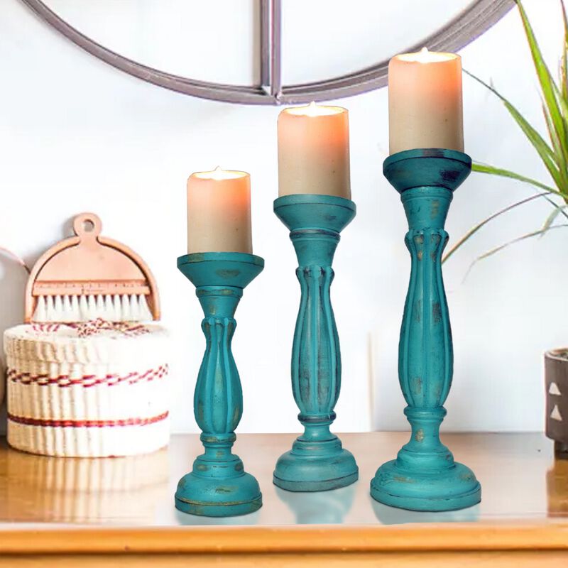 Handmade Wooden Candle Holder with Pillar Base Support, Turquoise Blue, Set of 3-Benzara