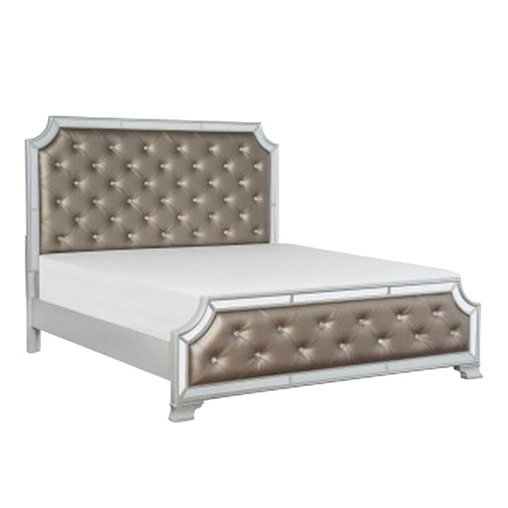 Badra Four Pc Queen Bedroom Set, Crystal Tufted Gray Faux Leather, Silver Mirror Trim - Benzara