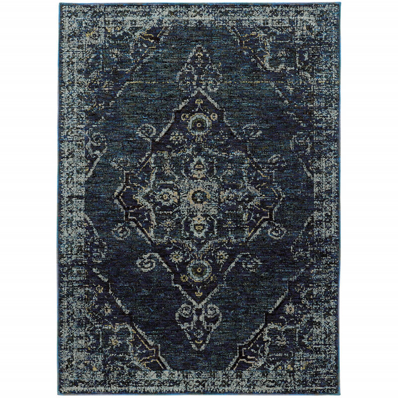2 X 3 Blue And Brown Oriental Power Loom Stain Resistant Area Rug