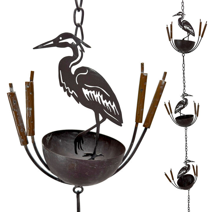 Metal Heron Rain Chain 102in Brown Distressed Rustic Hanging Outdoor Decor