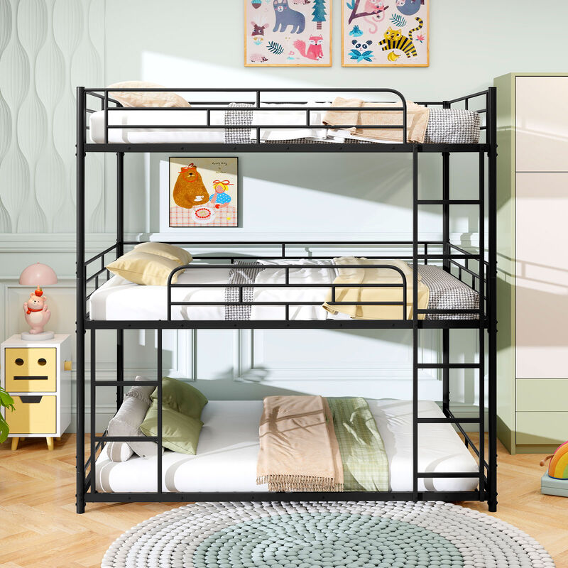 Black Metal Triple Bunk Bed with Guardrails and Dual Ladders for Kids image number 7
