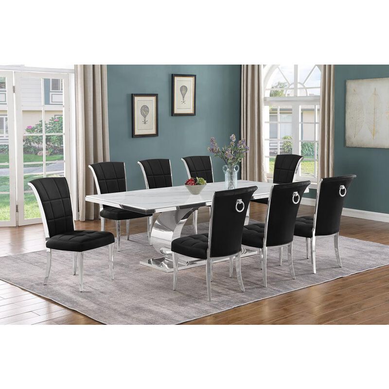 Best Quality Furniture 9pc Large (87) marble top dining set with silver base and 8 Black side chairs image number 1