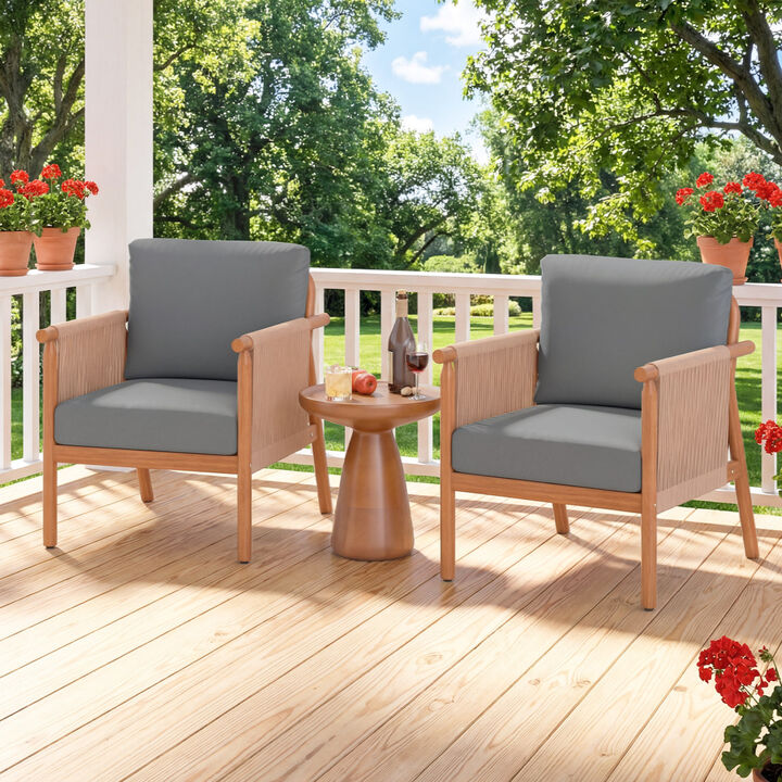 Set of 2 Outdoor Acacia Wood Chairs with Woven Rope Armrests and Cushions