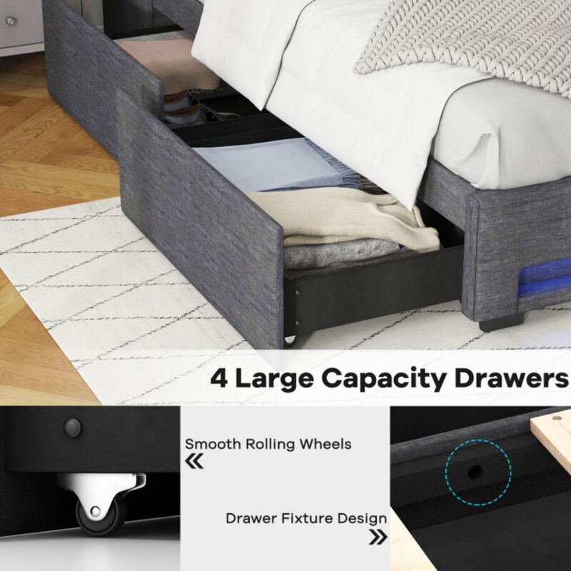 Hivvago Queen Size Upholstered Platform Bed Frame with LED Lights and Charging Station