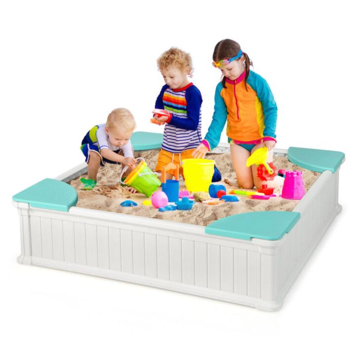 Hivvago Kids Outdoor Sandbox with Oxford Cover and 4 Corner Seats