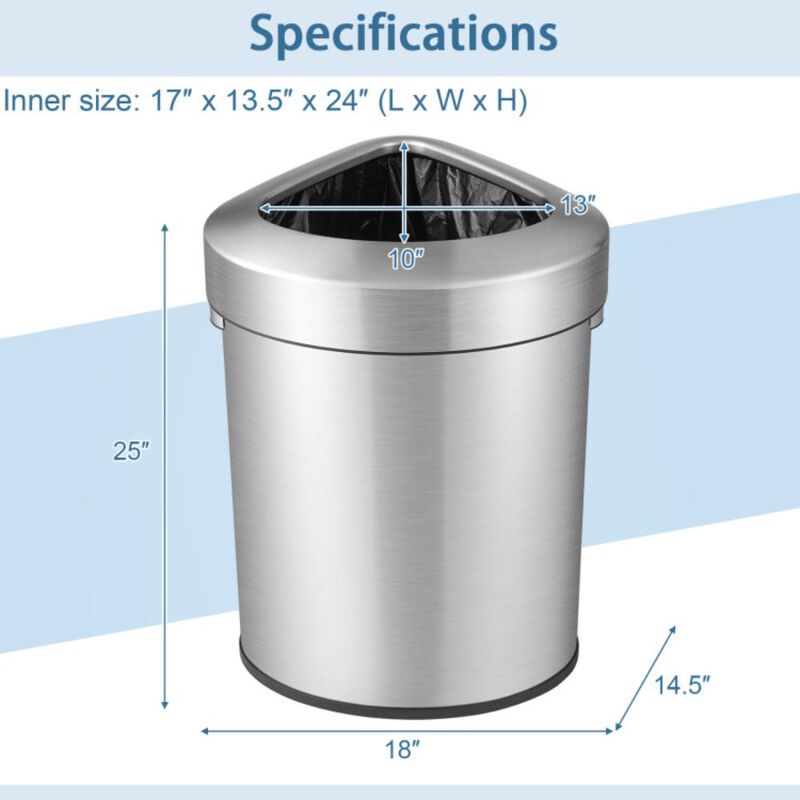 Hivvago 60L Stainless Corner Steel Trash Bin with Lid and Anti-slip Bottom